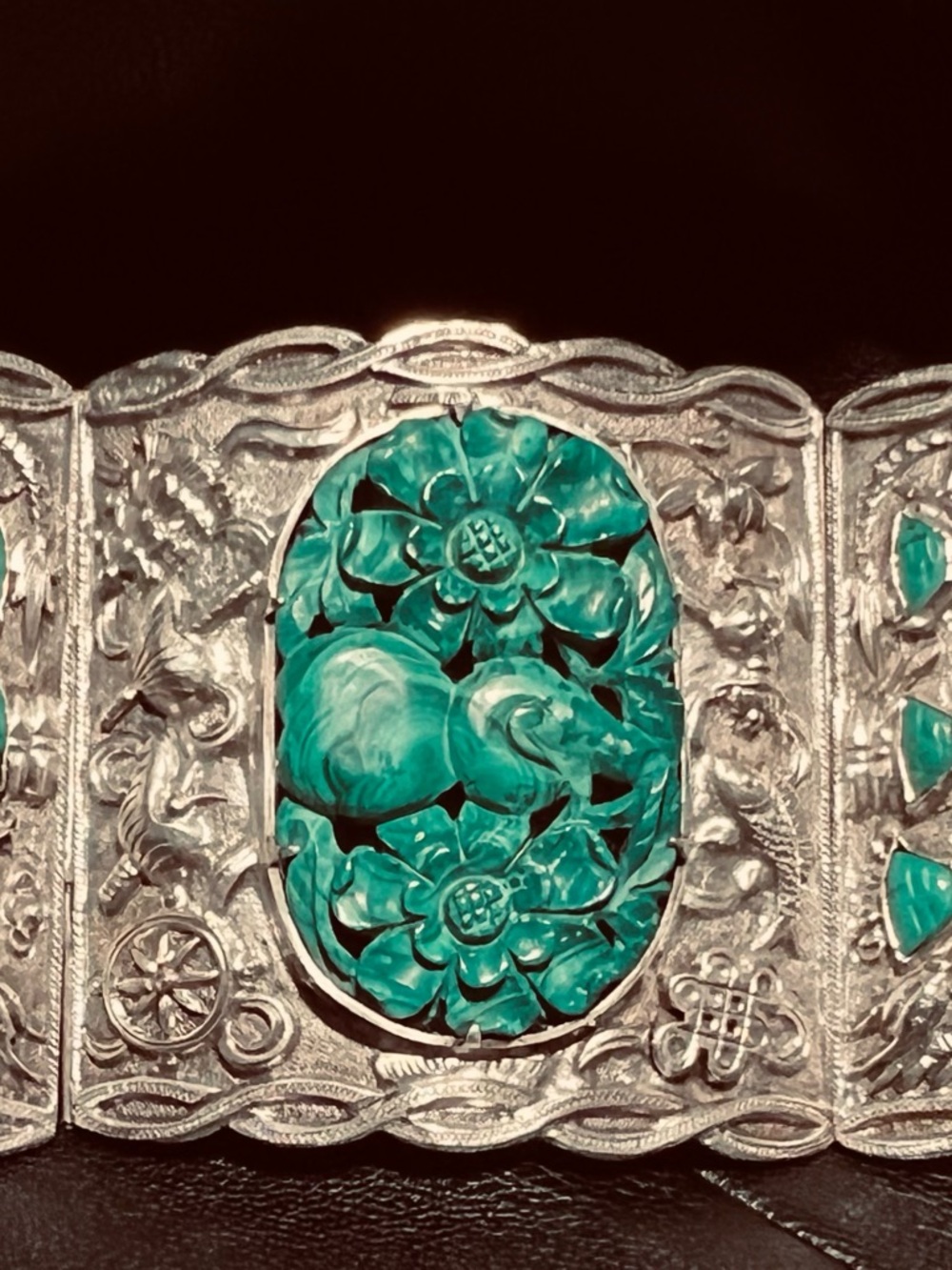 Antique Chinese Export Sterling Silver & Carved Malachite "Story" Panel Bracelet